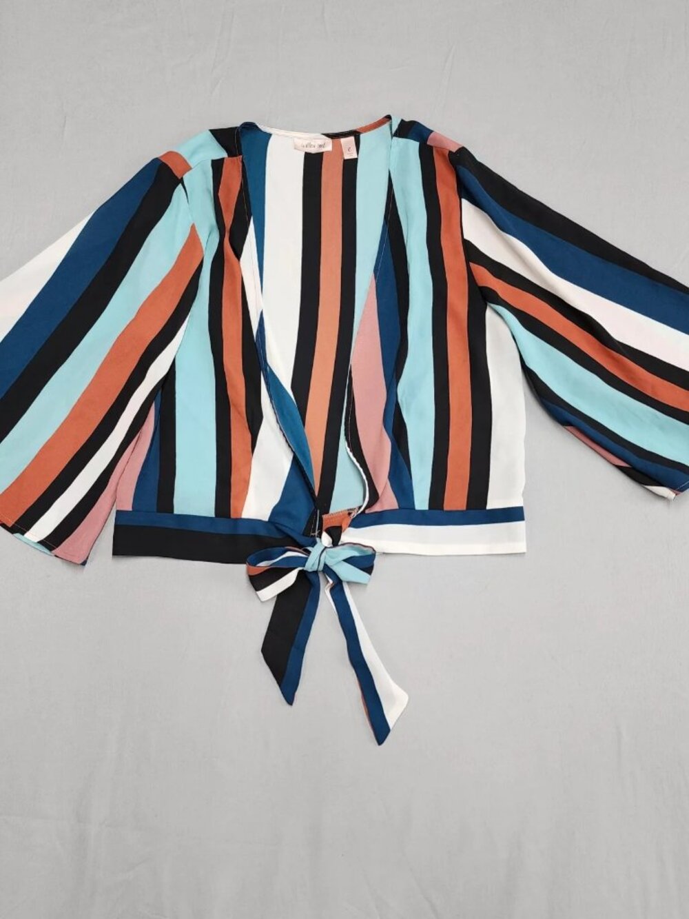 Willow + Root Womens L Multicolor Striped Tie Front Bell Sleeve Blouse Top